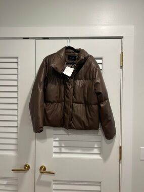 Deluc Brown Faux-Leather Puffer Jacket